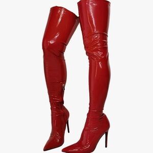 Fashion Nova Glossy Red Over the Knee Boots
